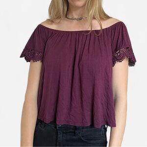 Charlotte Russe Purple Lace Sleeve Off the Shoulder Crop Top Blouse Size M